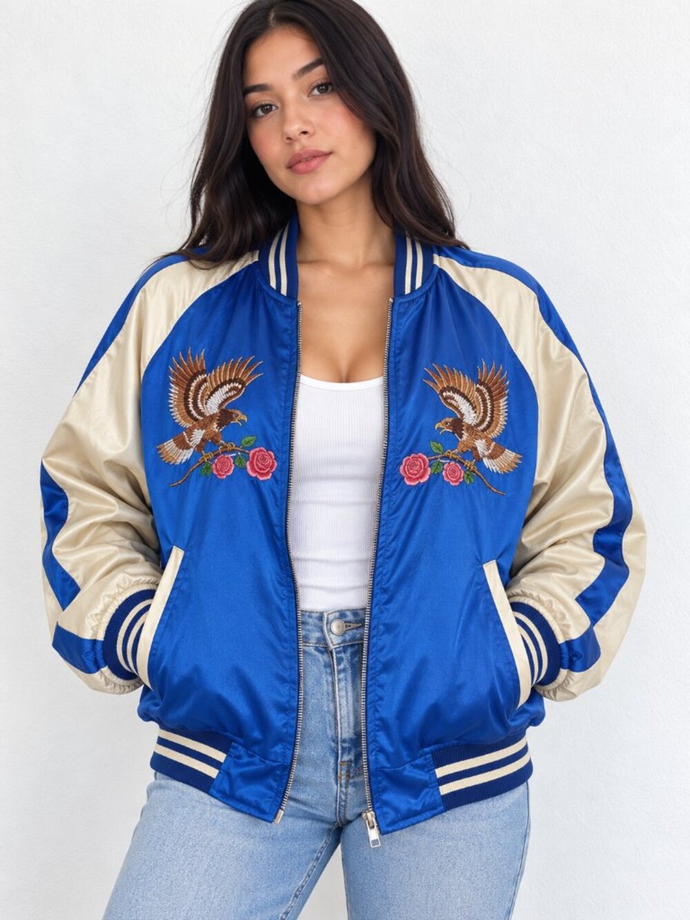 Hoshihime Japan Sukajan Eagle Embroidered Satin Bomber Jacket Blue LL/XL - Rare!
